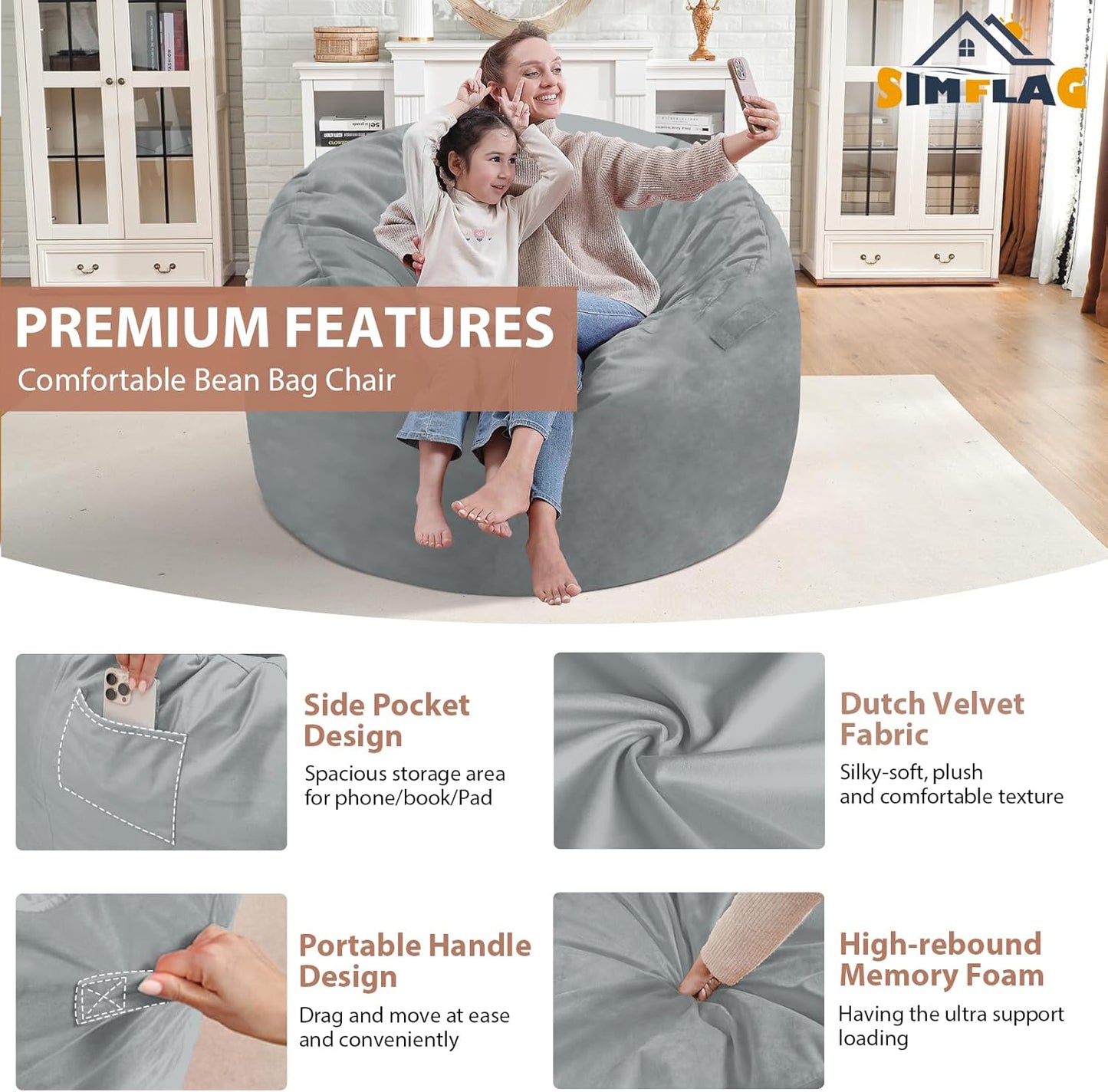 3FT Bean Bag Chair, Comfy Bean Bag Chairs with Memory Foam Filled, Fluffy Beanbag Sofa with Dutch Velvet Cover, Round BeanBag Chairs for Living Room, Playroom - Light Grey
