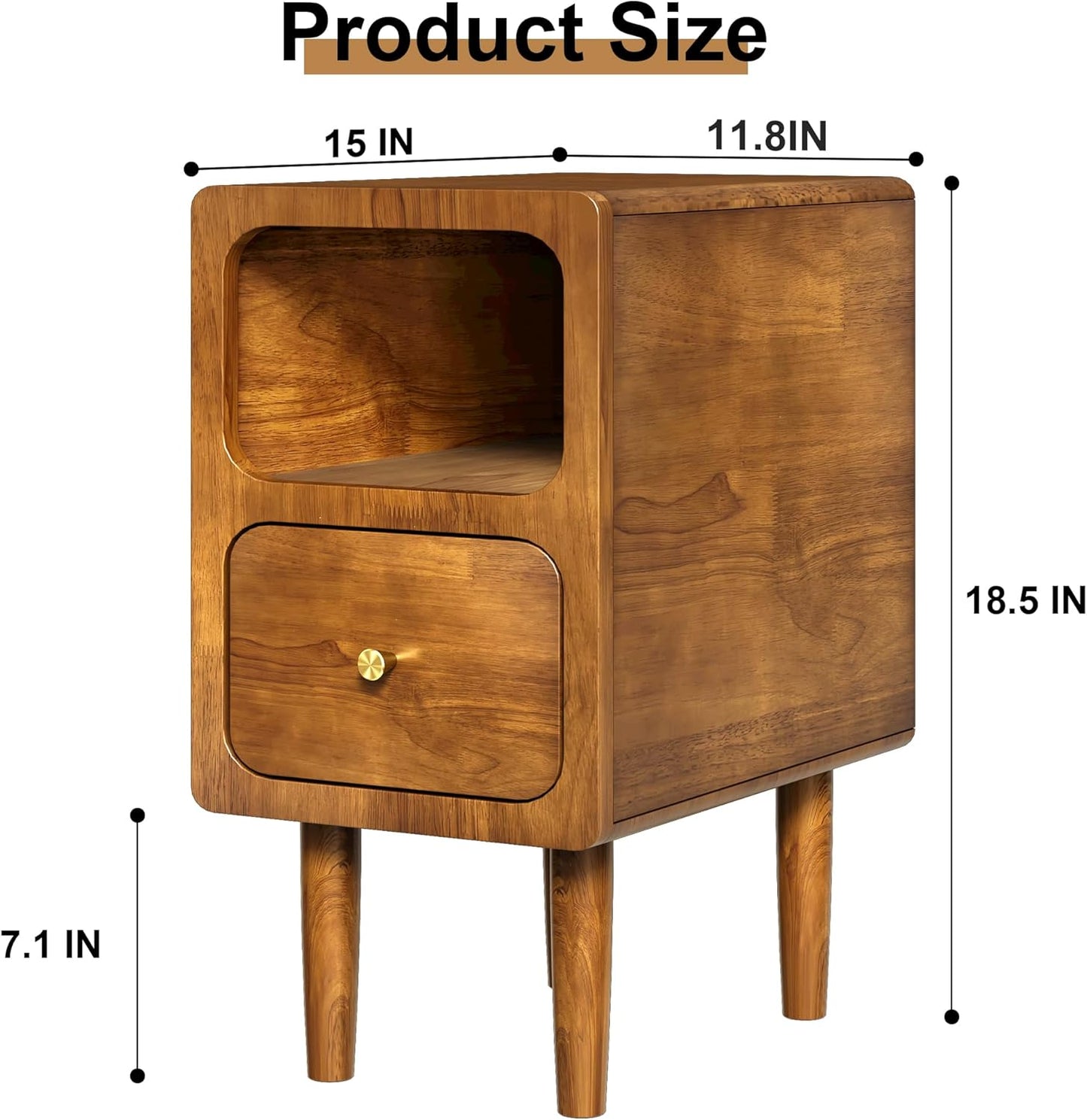 Narrow Nightstand, Solid Wood Night Stand with Drawers, Walnut Mid Century Modern Nightstand, Small Beside Table with Open Storage Shelf for Bedroom (12 inch)