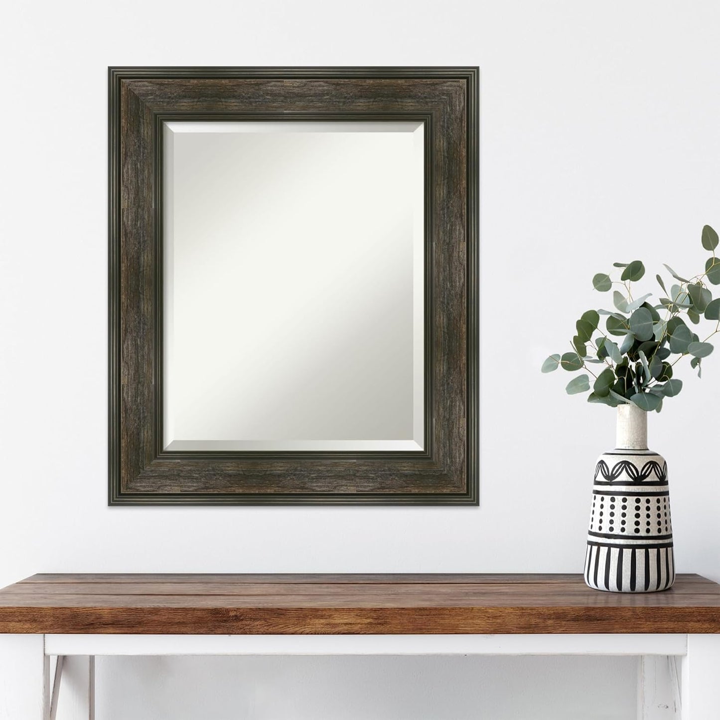 Amanti Art Brown Wall Mirror 26x22 Rail Rustic Char Rectangle Bathroom Mirror for Wall Decor Living Room, Small Country Rustic Frame, Hangs Horizonally and Vertically, Bathroom Decor, Beveled Edge