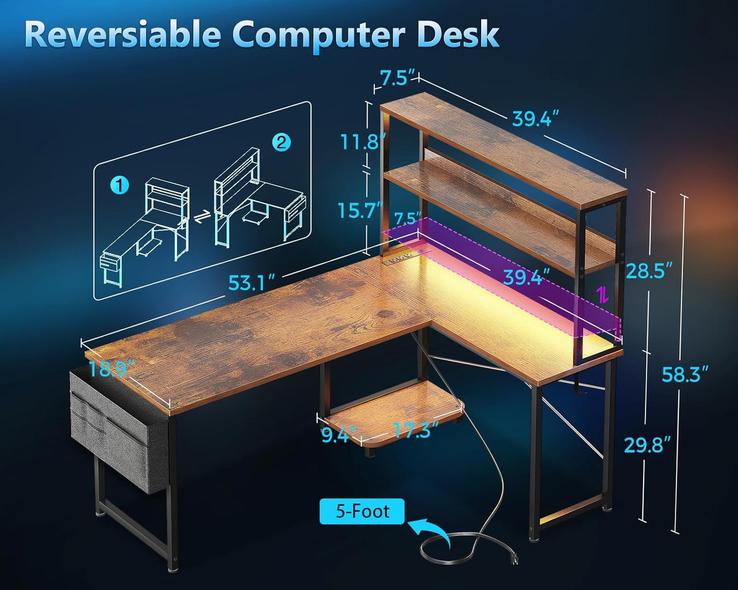 Casaottima Gaming Desk with Power Outlets & LED Lights, 53 Inch Reversible L Shaped Computer Desk with Shelves & Storage Bag, Corner Desk for Home Office, Vintage