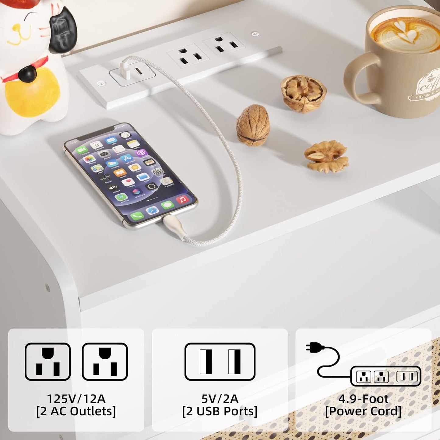 Lerliuo Rattan Nightstand with Charging Station, White Bedside Table with Drawer Open Shelf, Cane Accent Side End Table with Solid Wood Legs, Night Stand for Bedroom, Dorm and Small Spaces