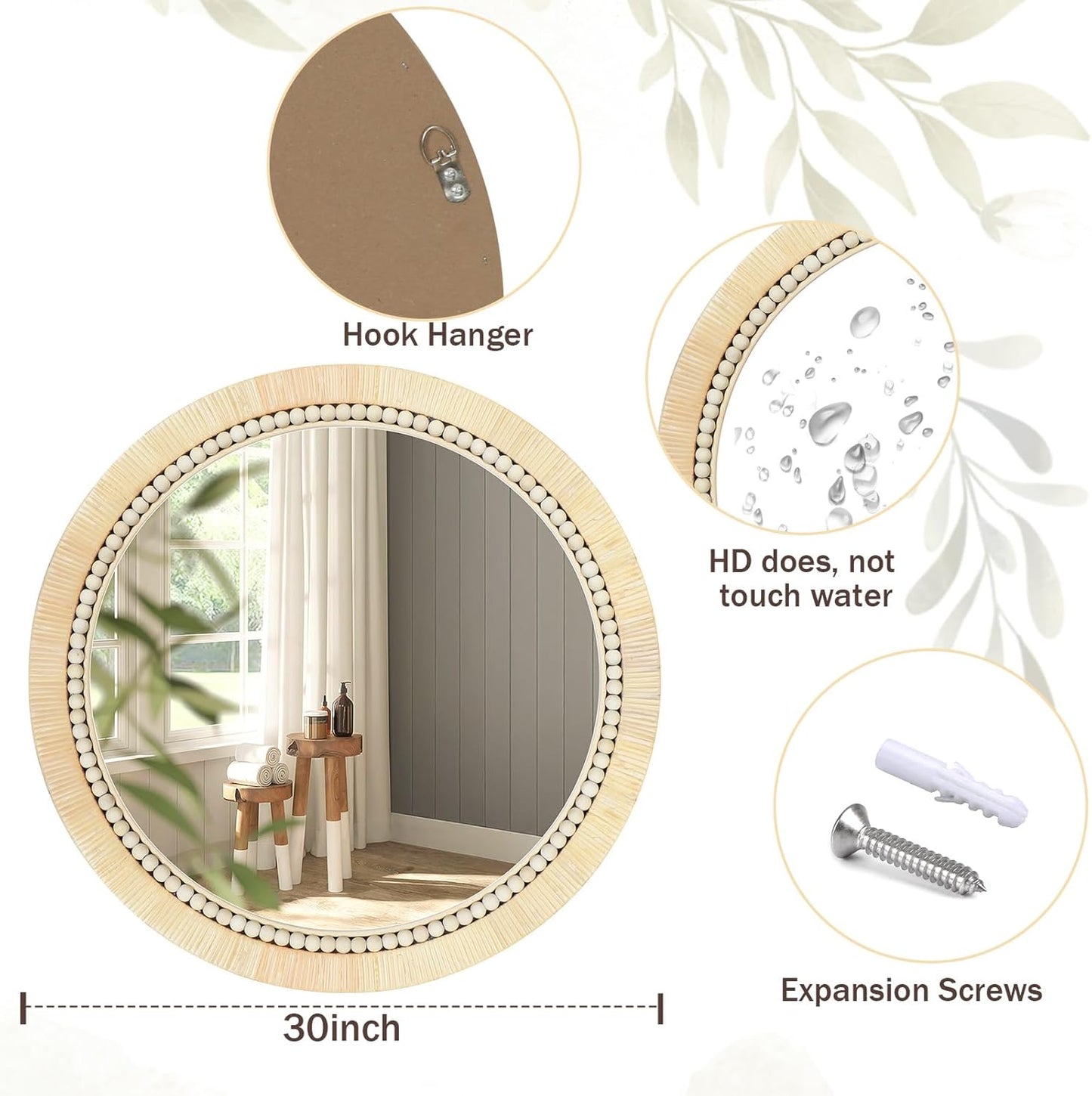 ULIKE Round Rattan Mirror, Bathroom 30 Inch Rustic Farmhouse Wall Decor with Handmade Wicker Frame, Boho Mirror for Nursery Bedroom Living Room Entryway