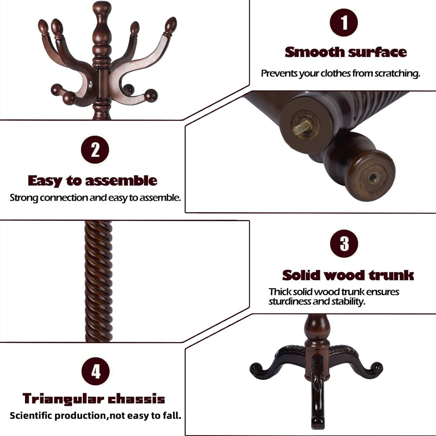 Coat Racks Free Standing with 14 Hooks, Natural Wood Coat Stands for Entryway, Adjustable Height 73 in Tree Coat Rack Stand for Hallway Home Office Bedroom (Dark Brown Triangle)