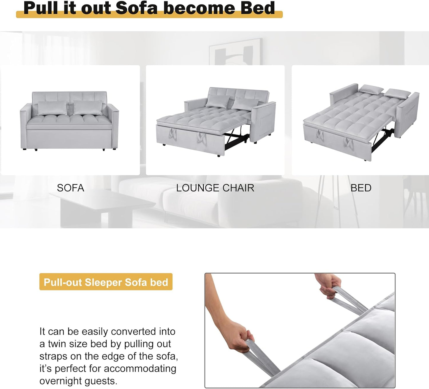 3 in1 Sofa Bed, Pull-Out Sleeper Sofa Bed with 3-Level Adjustable Backrest, Velvet Fabric Convertible Love Seat Sleepers Beds for Living Room & Bedroom & Apartment, Gray
