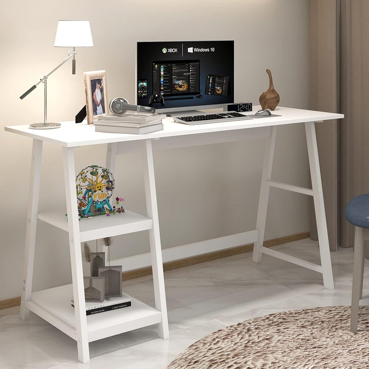 Natwind 51" White Desk with 2-Tier Storage Shelves,Home Office Computer Desk, Study Table for Kids Student Girls,Writing Desk,Modern Simple Basic Desk Workstation for Bedroom Home Office