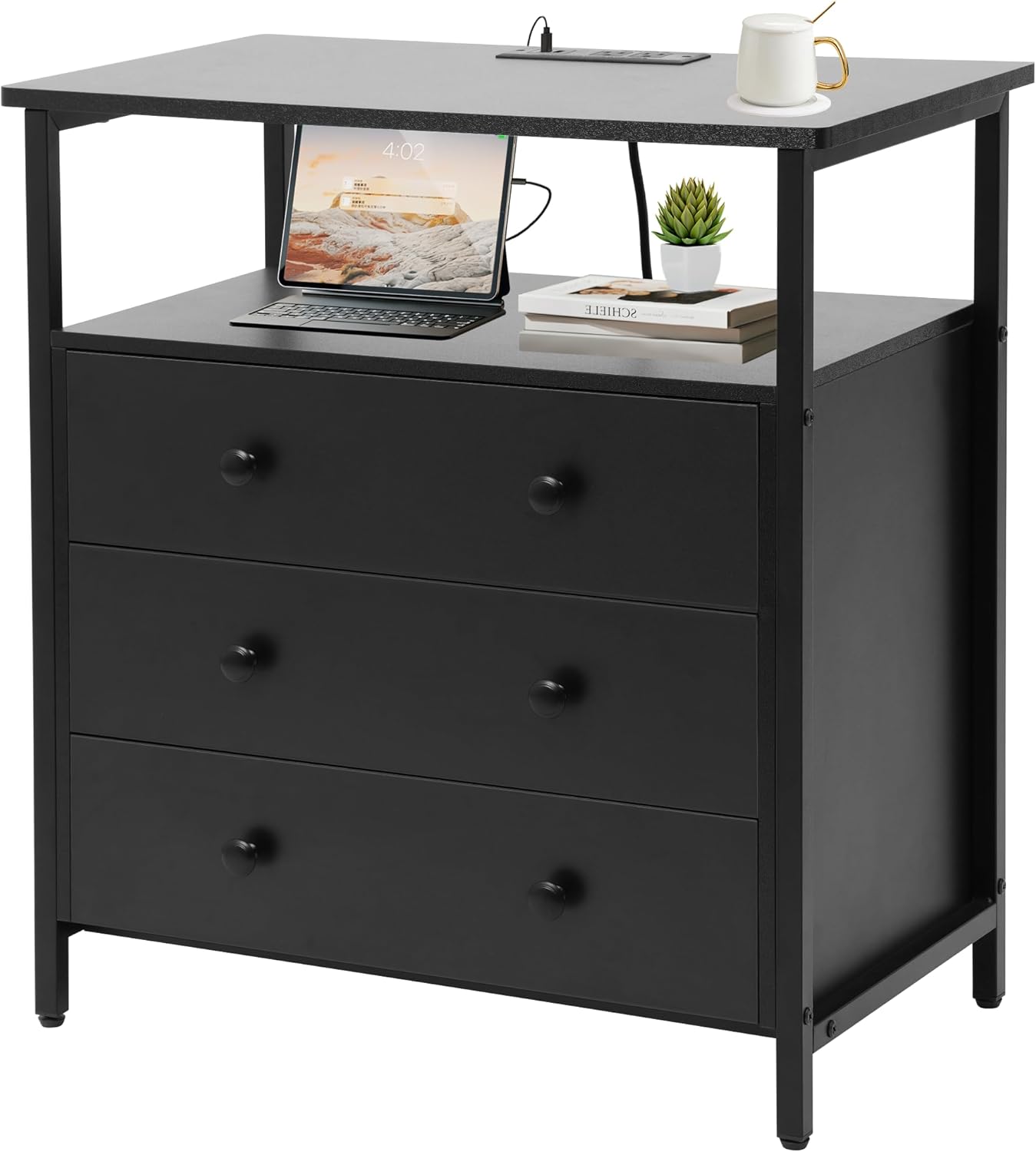 3 Wooden Drawers Night Stand, 27 Inch Wide Nightstand with Charging Station and Adjustable Drawers, Bedside Table for Living Room/Bedroom/Office, Black.