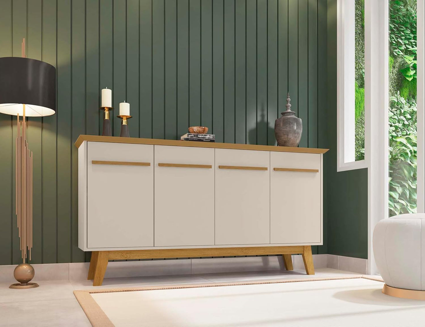 Manhattan Comfort Yonkers Mid Century Modern Sideboard Cabinet with Soft Close Doors, 4 Cubby Storage Spaces, Solid Wood Splayed Legs, Versatile Accent Buffet Stand, Off White/Cinnamon