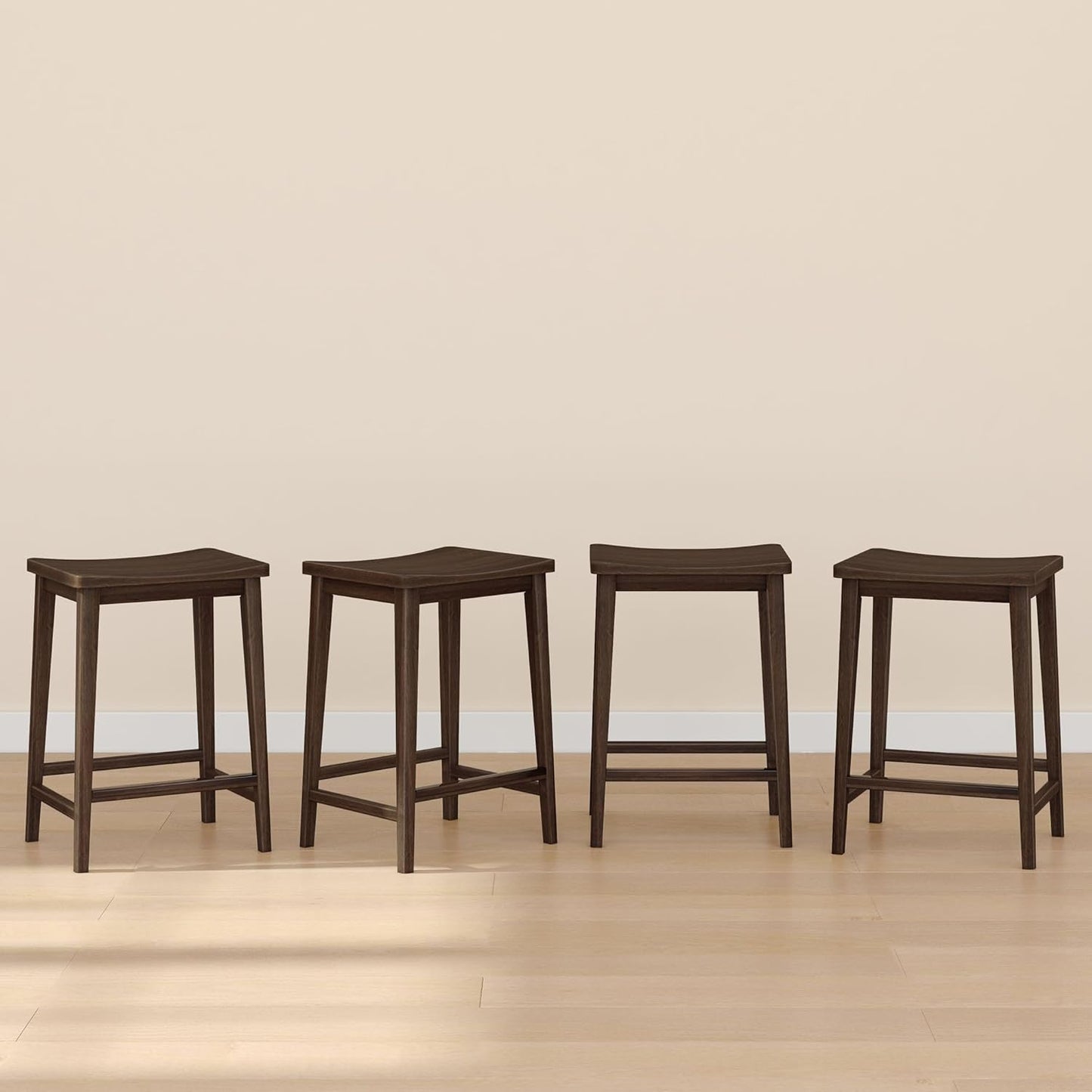 Plank+Beam Smythe Counter Stool, 24", Set of 4, Sturdy Wood Modern Kitchen Counter Height Stool, Saddle Seat Backless Counter Chair, Metal Footrest, Walnut