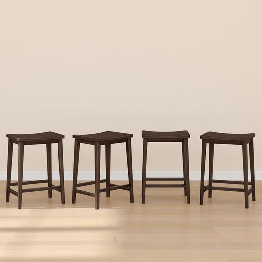 Plank+Beam Smythe Counter Stool, 24", Set of 4, Sturdy Wood Modern Kitchen Counter Height Stool, Saddle Seat Backless Counter Chair, Metal Footrest, Walnut