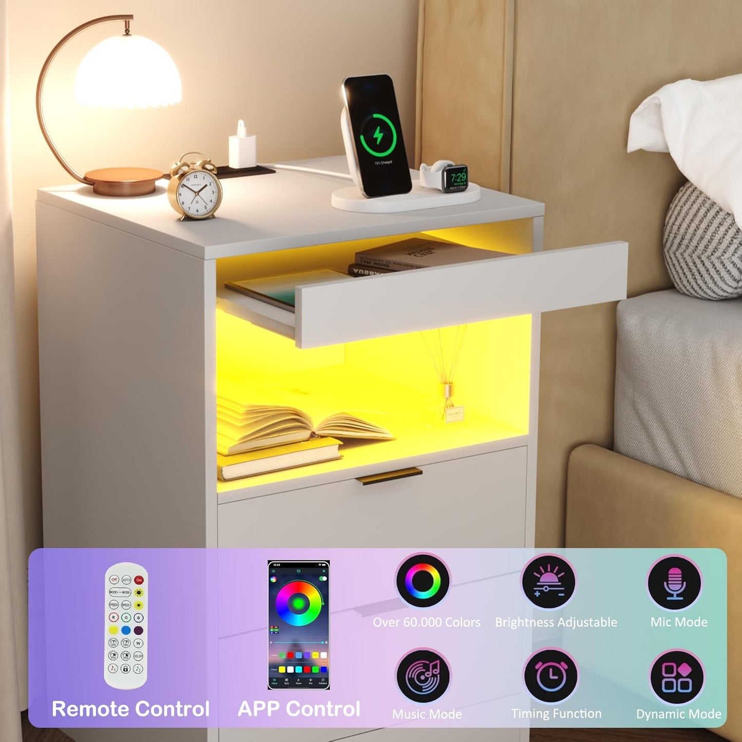 Gadroad LED Nightstand with Charging Station, Bedside Table with 3 Drawers and LED Lights, End Table Sofa Couch Side Table with Pull-Out Shelf, White