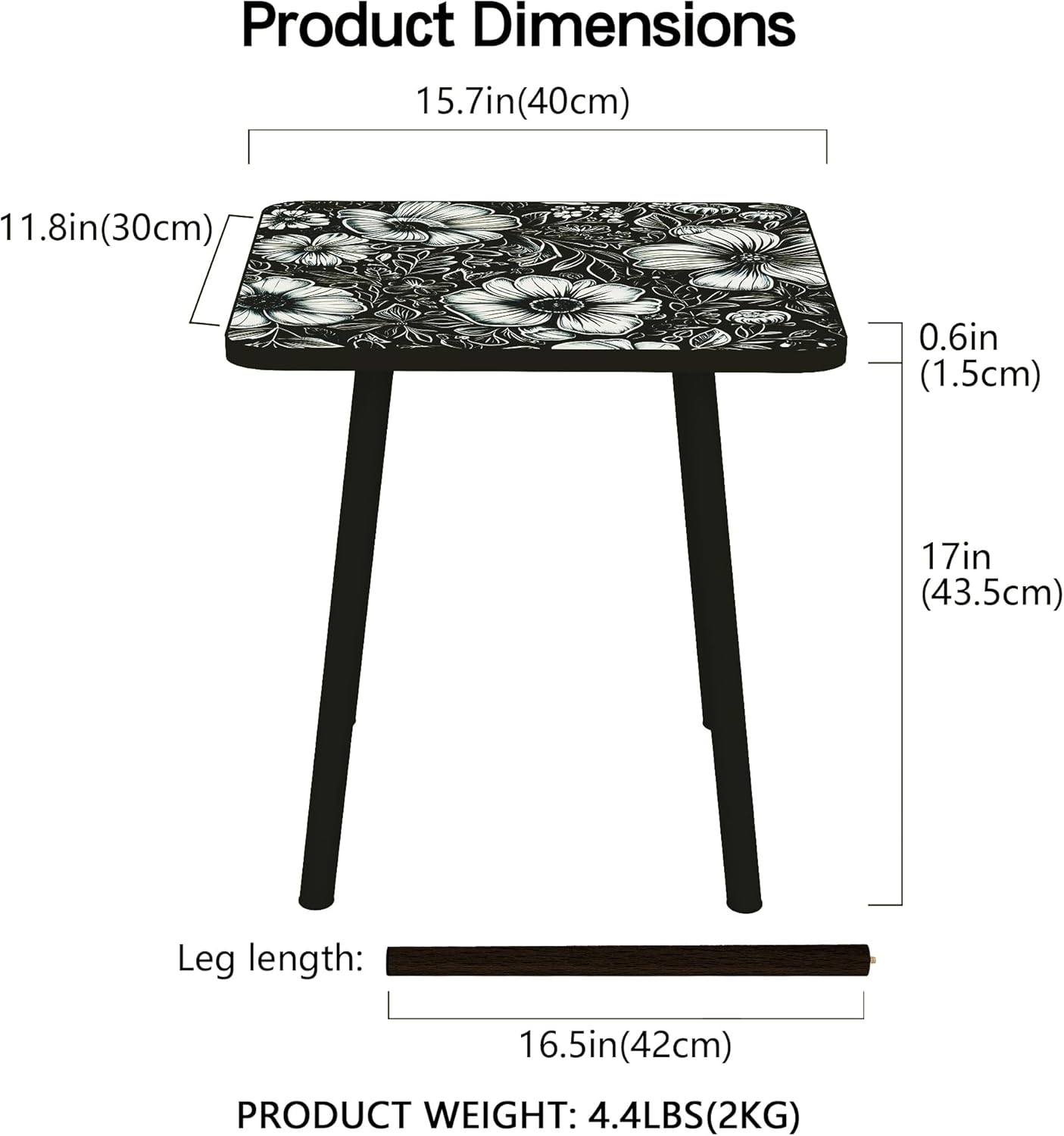 Mandala Small Rectangle End Table, Side Table with Black Flowers Finish, Retro Modern Small Coffee Table for Balcony, Living Room(11.8" D x 15.7" W x 17" H, Black, Rectangle)