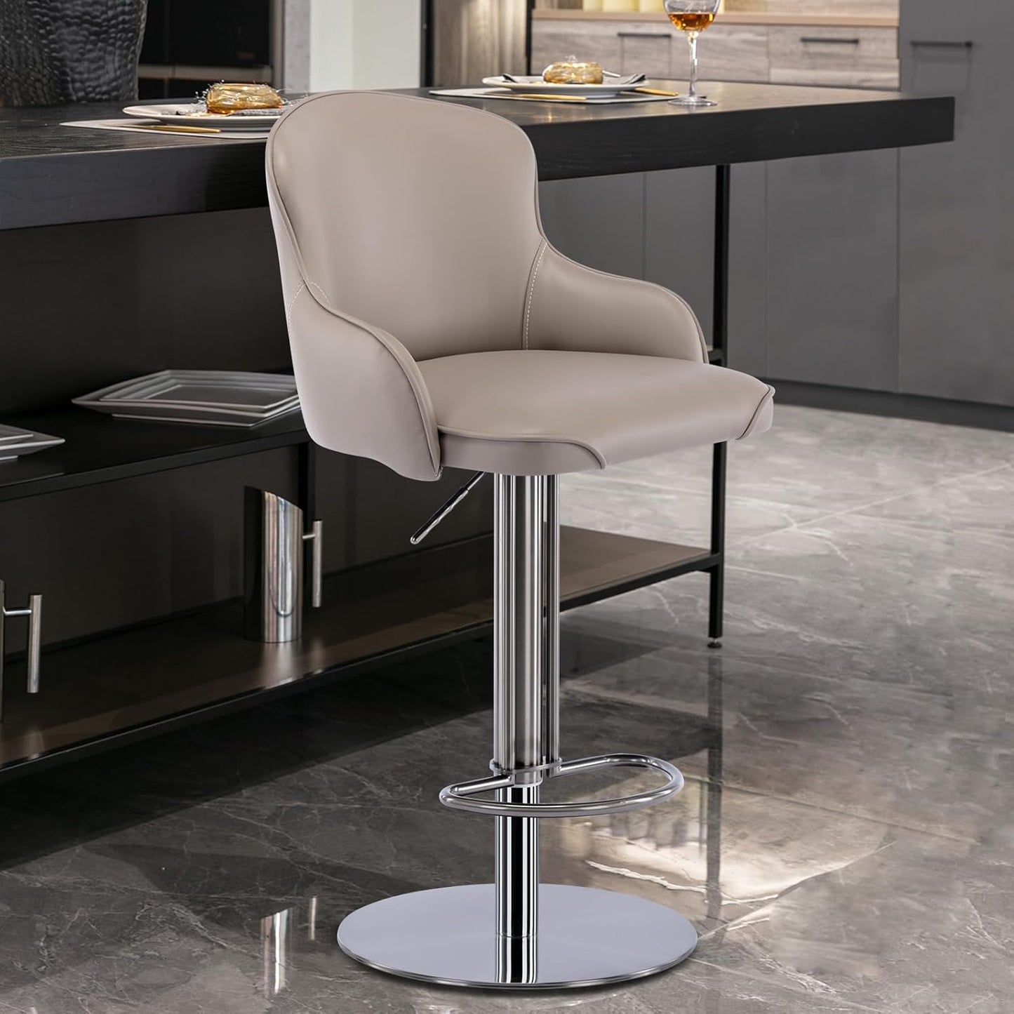 Black Titanium Stainless Steel Bar Stools,Grade Modern Leather Bar Chair with Backrest,Swivel Adjustable Height for Kitchen Counter and Dining Room (Grey leather-1pc)