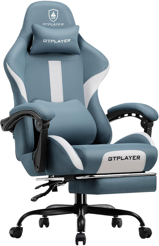 GTRACING Gaming Chair with Foot Rest & Pocket Spring Cushion, Breathable Fabric for Home Office Desk, Ergonomic High Back Computer Chair with Headrest & Lumbar Support, Blue