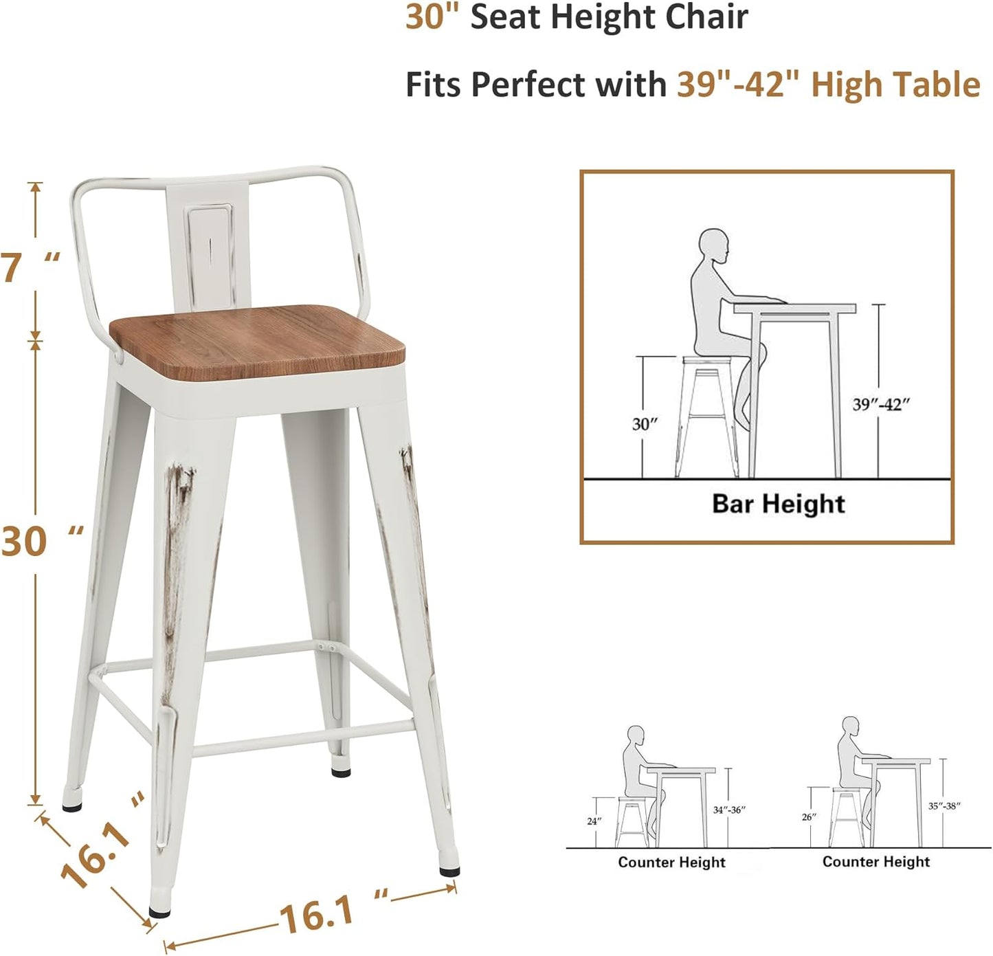 WENTMENT Bar Stools Set of 4 Counter Height Bar Stools Metal Barstools with Removable Back 30" Kitchen Bar Stools with Wooden Seat, Distressed White