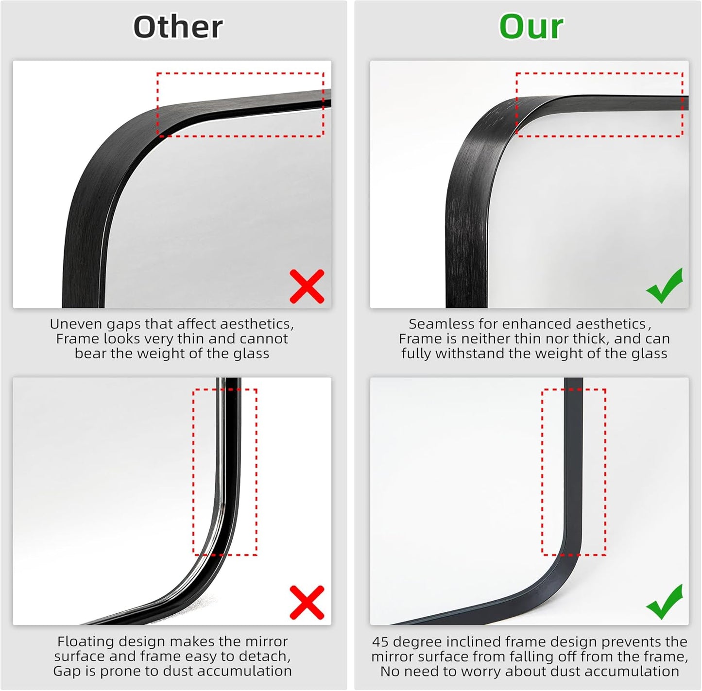 Wall Mount Mirror for Bathroom, Brush Black Metal Framed Rounded Corner Rectangular Vanity Mirror (16" x 20", Black)