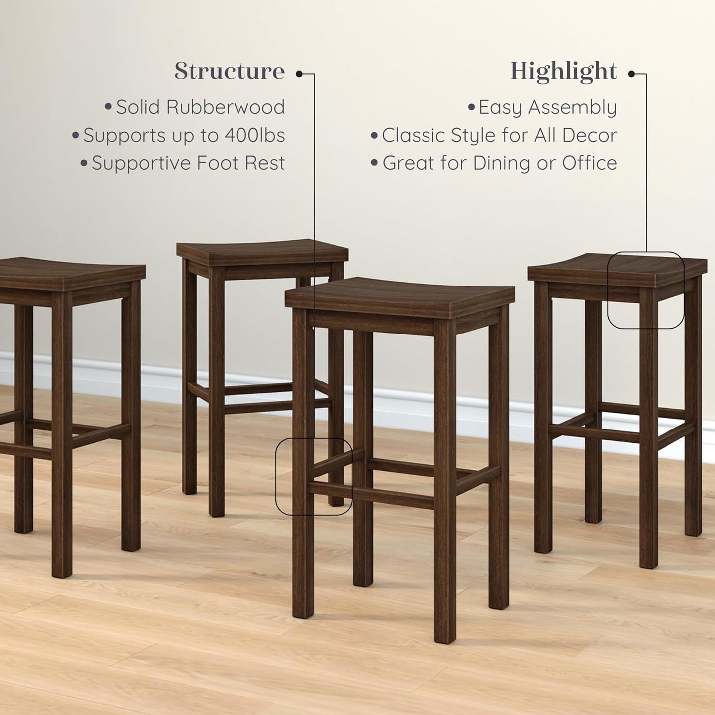 Grain & Grove Smith Collection Set of 4 Solid Wood Bar Stools, 30 inch Saddle-Seat Bar Chairs, Backless, Heavy-Duty Construction, Footrest Support, for Kitchen Islands, Home Bars, and Counters, Walnut