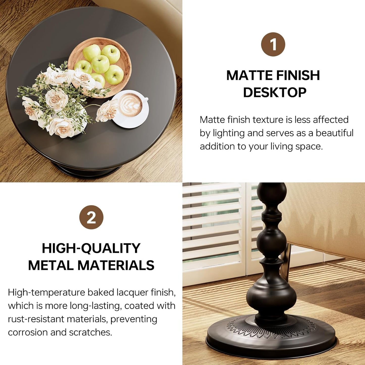 XIV Metal Small Round Side End Table, Vintage Matte Coffee Drink Cocktail Table, Accent Pedestal Table for Living Room Corners and Small Spaces, 21'' Height (Black)