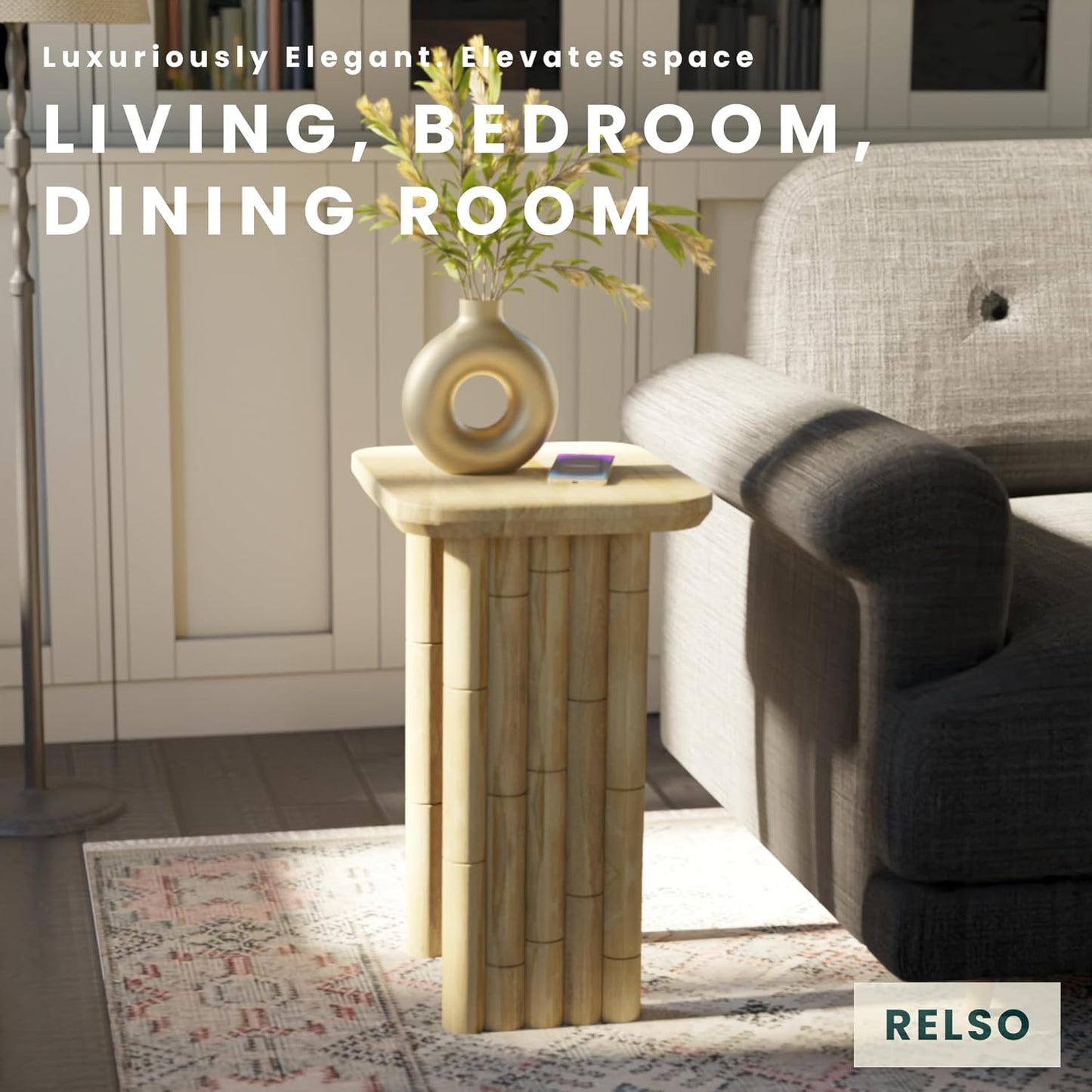 Bambos End Table | Sold Mango Wood Bedside Table, Natural Finish Side Table for Living Room, Bedroom, Entryway | Handcrafted Nightstand, Easy Assembly, Bamboo Inspired Legs, Compact, Boho Accent Table