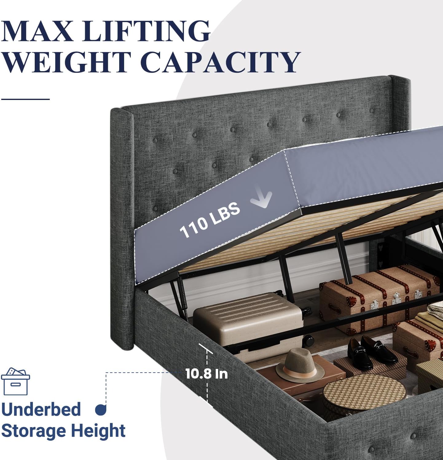 Allewie Full Size Lift Up Storage Bed, Button Tufted Headboard with Wingback, Hydraulic Support, No Box Spring Needed, Dark Grey