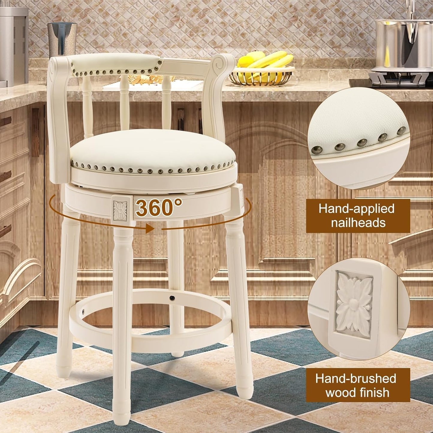 Cow top Leather Wooden Bar Stools, 360 Degree Swivel Bar Height Chair with Backs for Home Kitchen Counter, Morden Chair Barstools (Ivory Wood 2pcs-Cream Seat, Counter Height-Seat Height 26”)