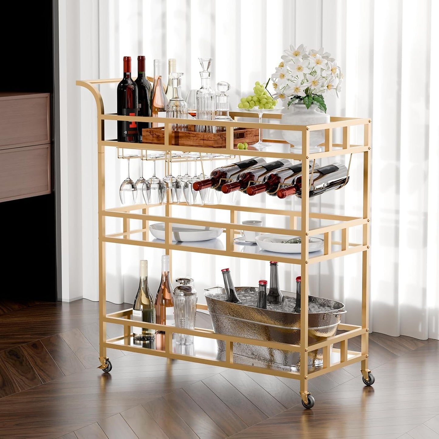 TONGMO Gold Bar Carts with 3 Tier Mirror Shelves, Home Bar Cart with Wine Rack and Glass Holder, Perfect for Indoor and Outdoor Use, Stylish and Functional Kitchen and Entertainment Space Addition