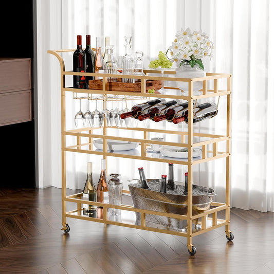 TONGMO Gold Bar Carts with 3 Tier Mirror Shelves, Home Bar Cart with Wine Rack and Glass Holder, Perfect for Indoor and Outdoor Use, Stylish and Functional Kitchen and Entertainment Space Addition