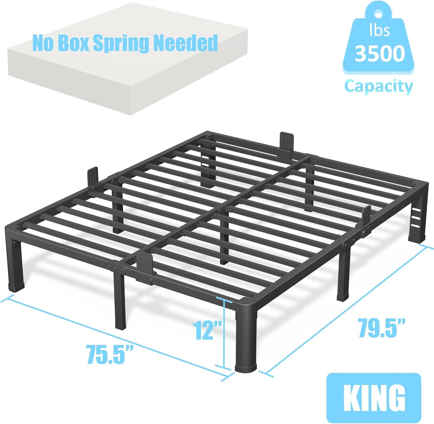 FUIOBYVV 12 Inch King Bed Frame with Rounded Corner and Headboard Hole Mattress Retainers 3500 LBS Metal Heavy Duty Steel Slats Support No Box Spring Needed Platform Noise Free Easy Assembly