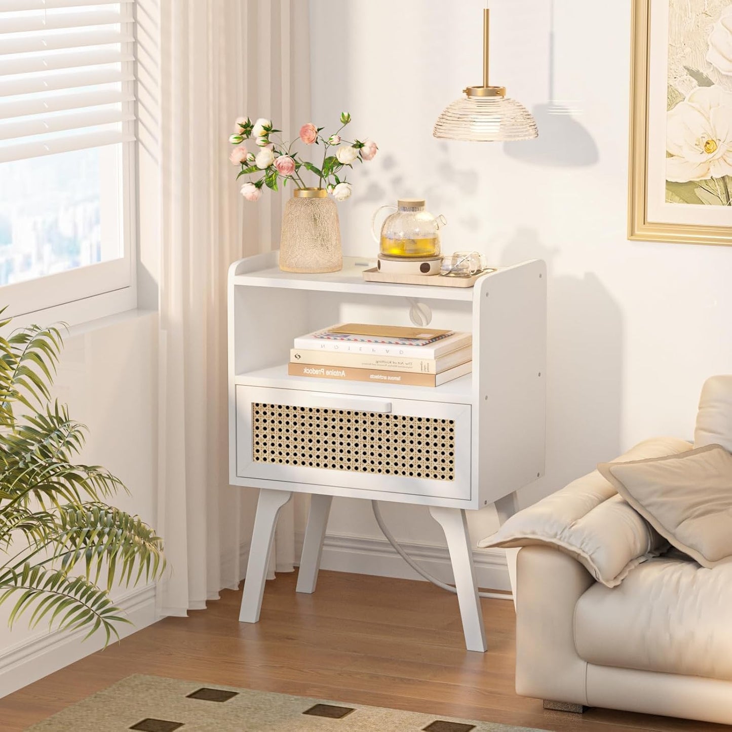 Lerliuo Rattan Nightstands Set of 2 with Charging Station, White Bedside Table with Drawer Open Shelf, Cane Accent Side End Table with Solid Wood Legs, Night Stand for Bedroom, Dorm and Small Spaces