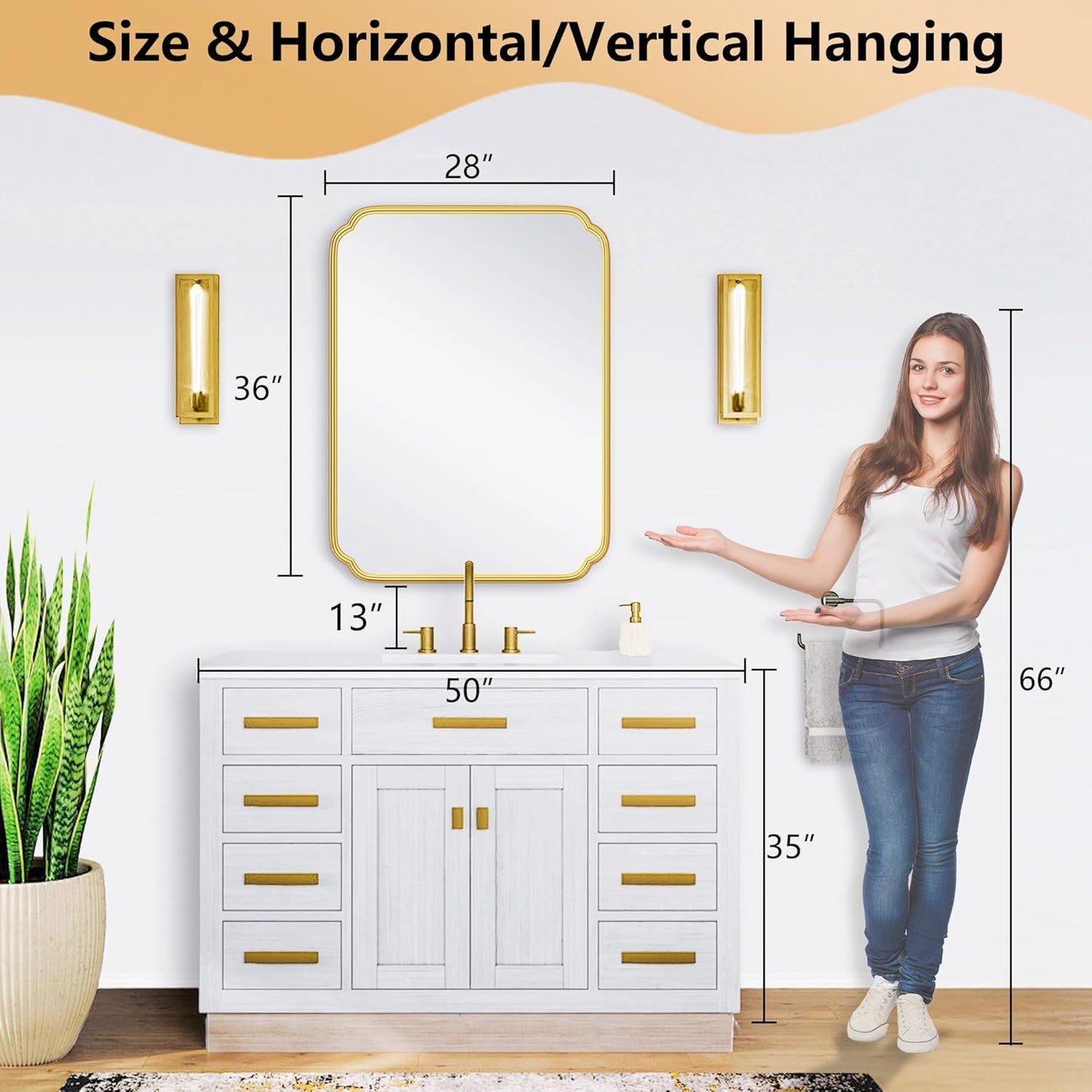 28"x36" Gold Bathroom Mirror with Rustproof Metal Frame, Modern Rounded Corner Wall Mirror for Vanity Over Sink, Horizontal/Vertical Hanging