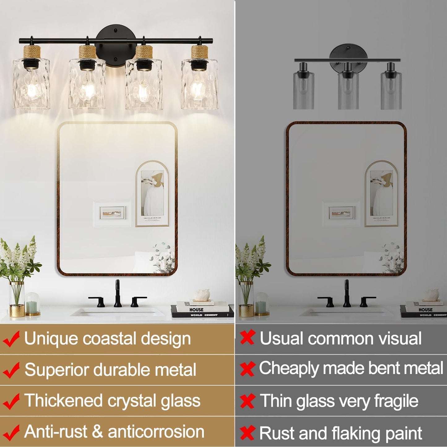 2025 Upgrade Bathroom Light Fixtures, 4-Light Coastal Vanity Lights with Crystal Glass Shade, Black Bathroom Wall Lamp for Mirror Kitchen Hallway Cabinet