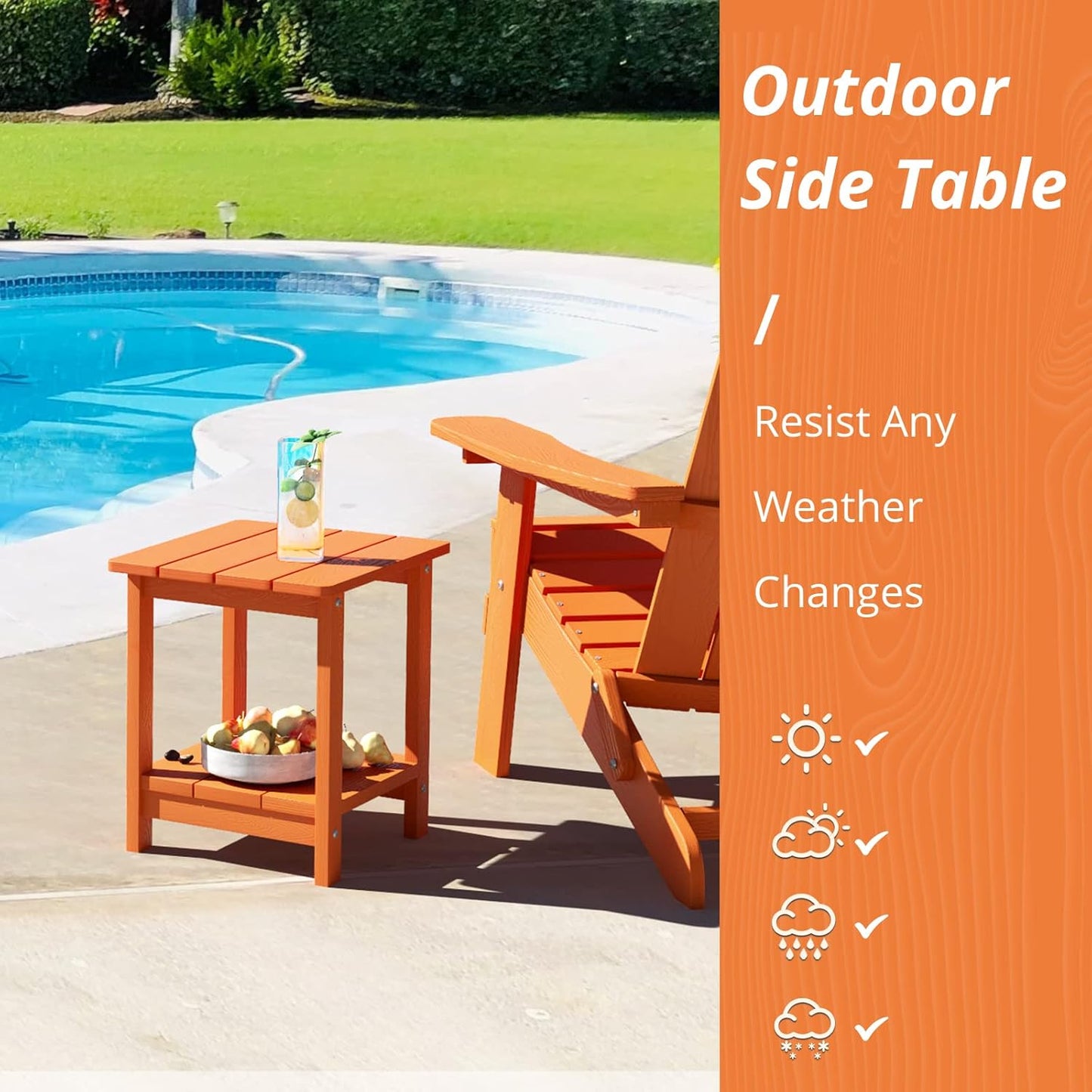 LUE BONA Adirondack Outdoor Side Table, 2-Tier Orange HDPS Patio End Table Weather Resistant, Morden Side Table for Patio, Pool, Porch