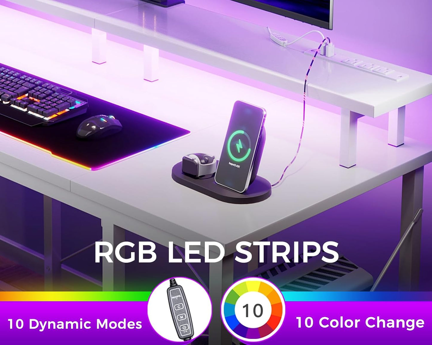 ODK 48 Inches Gaming Desk with LED Lights, Computer Desk with Monitor Stand, Pc Table with CPU Stand, Pure White