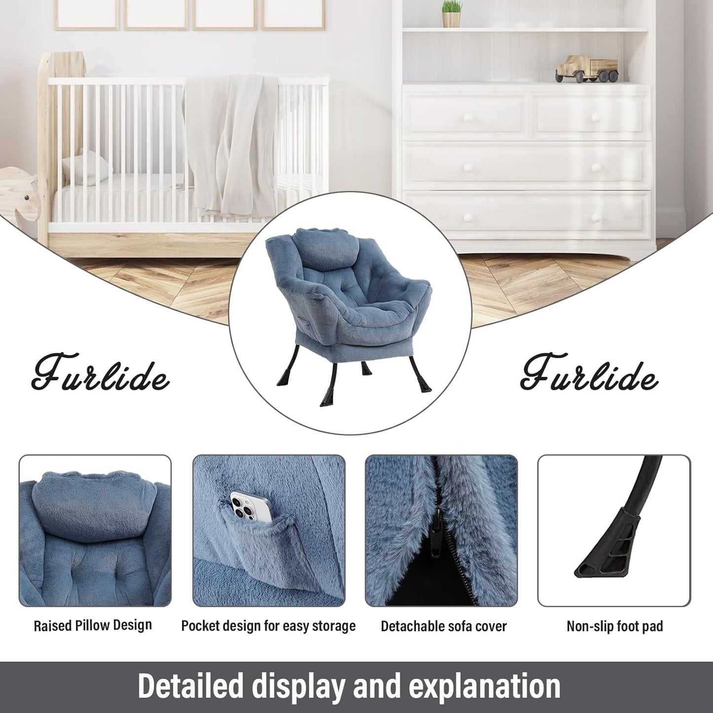 Lazy Chair with Ottoman, Modern Chair with Folding Footrest, Lounge Accent Chair, Comfortable Reading Chair (Plush Light Blue)