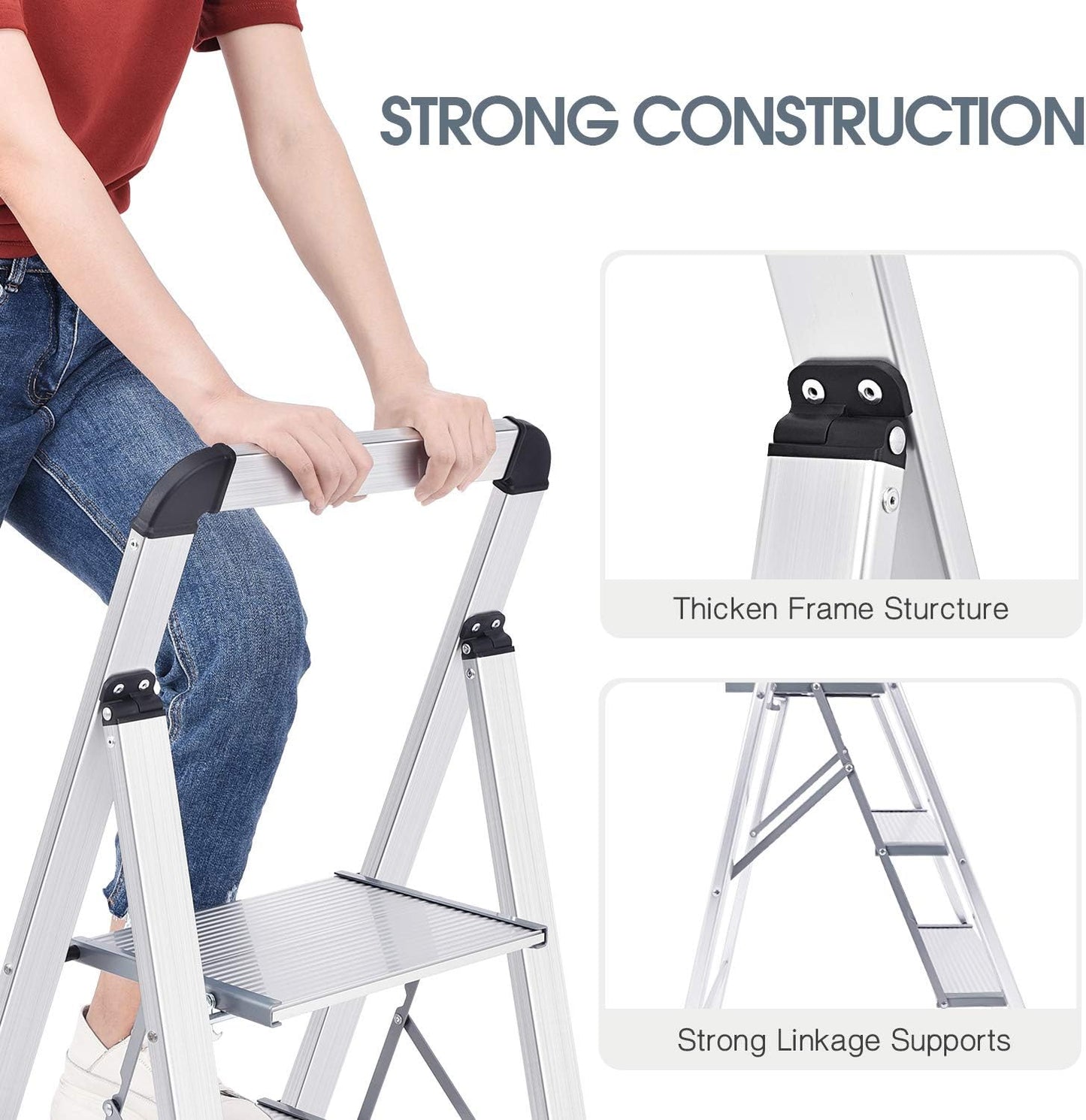 KINGRACK Aluminium 3 Step Ladder, Lightweight Step Stool with Non-Slip Pedals, Handrail, 330 LBS Foldable Step Ladder for Kitchen, Garage, Home, Space Saving, Sturdy and Portable, Silver