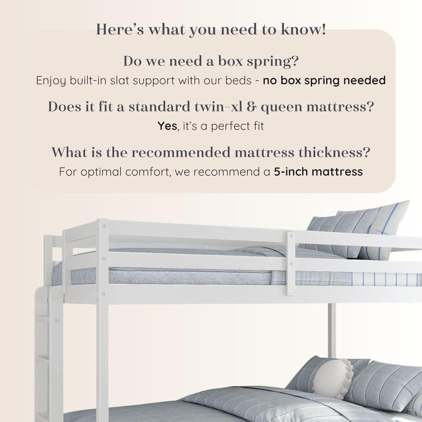 Grain & Grove Bear Twin XL Over Queen Bunk Bed, Sturdy Bunk Bed Frame for Kids, Plywood Bunk with Ladder, Guardrail, and Slats, No Box Spring Required, Brushed White