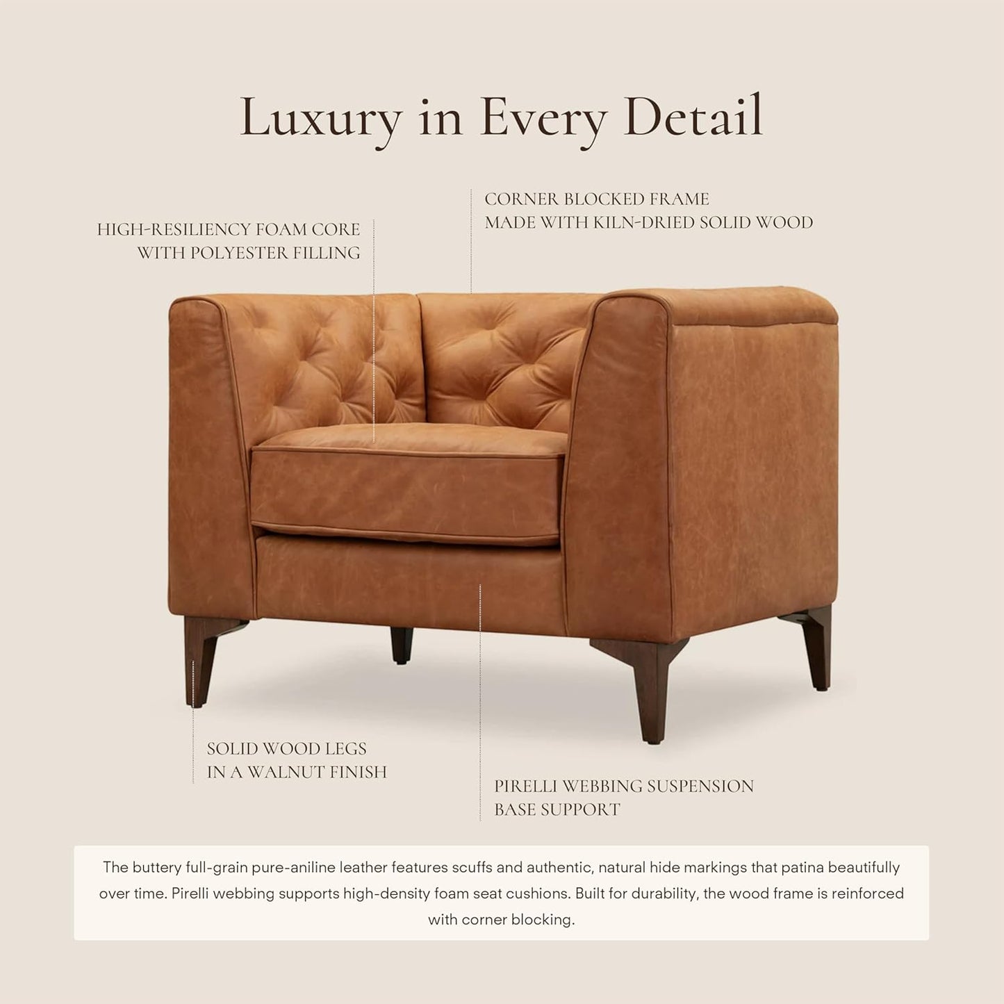 Poly & Bark Essex Lounge Chair - Leather Chair with Tufted Back - Full-Grain Living Room Armchair with Feather-Down Topper - Single Couch - Vintage Italian Leather in Cognac Tan