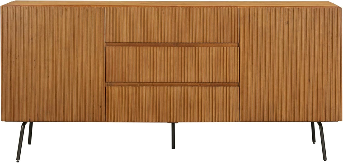 NTC Veil Sideboard with 2 Doors and 3 Drawers, Buffet Cabinet with Vertical Groove Design and Metal Legs, Storage Cabinet for Living Room, and Entryway, Effortless Assembly, Teak Look