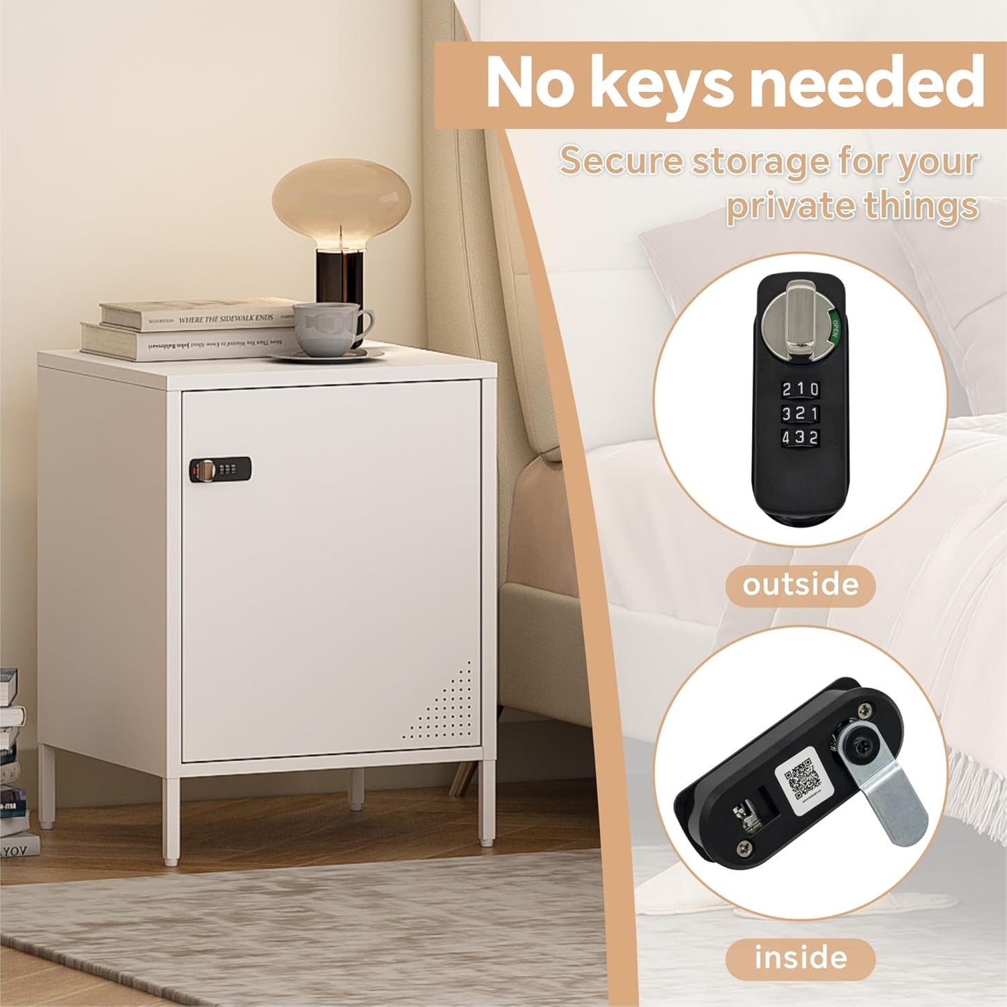 Metal Locker End Table Single Door Nightstand Lockable Bedside Table Storage Cabinet for Bedroom, Dorm, 21.26”H X 15.75”W X 15.75”D (1 Door, White)