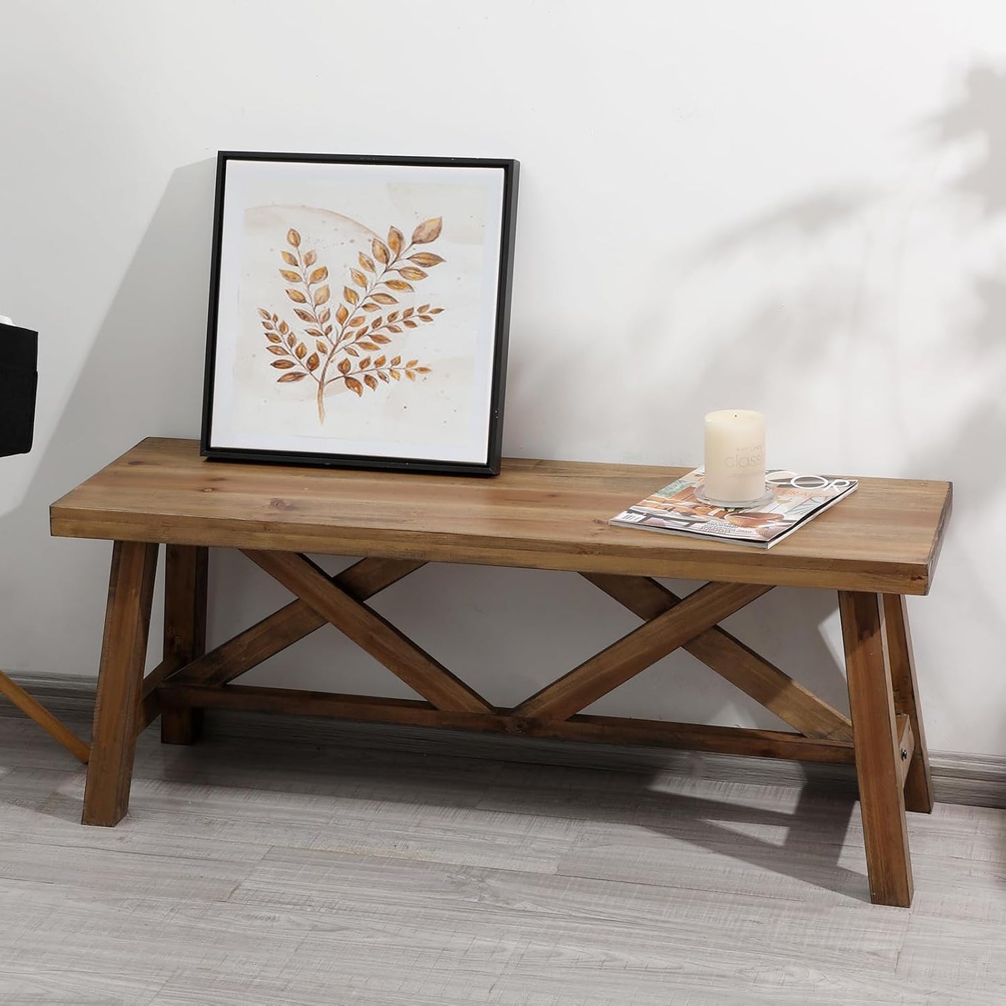 Wnutrees 43" Farmhouse Wood Bench, Rustic Solid Wood Entryway Bench Seat with Double X-Structure for Dining Room, Living Room, Hallway, Structural Stability, Natural