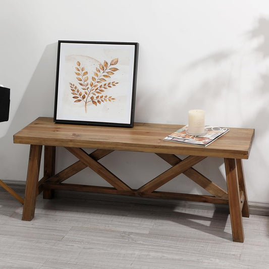 Wnutrees 43" Farmhouse Wood Bench, Rustic Solid Wood Entryway Bench Seat with Double X-Structure for Dining Room, Living Room, Hallway, Structural Stability, Natural