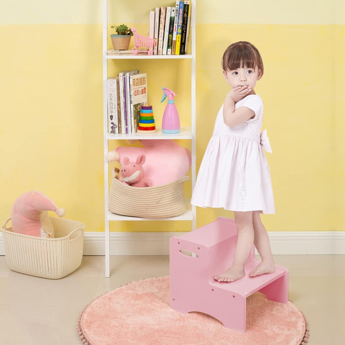 WOOD CITY Wooden Toddler Step Stool for Kids, Pink Two Step Children's Stool with Handles, Bonus Non-Slip Pads for Safety, Bathroom Potty Stool & Kitchen Step Stools Dual Height