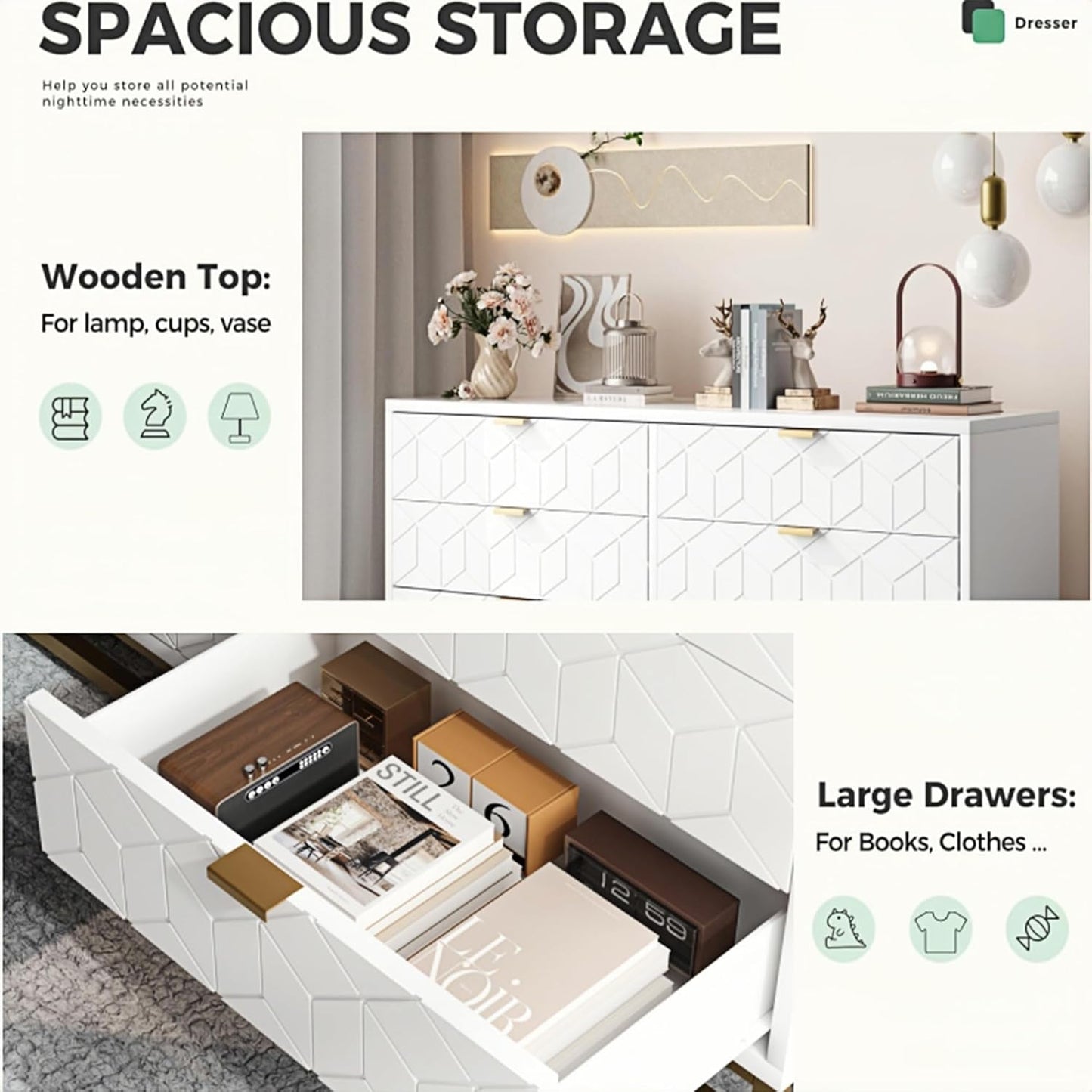 Dresser for Bedroom, 53.5" Large Dresser Organizer, 6 Drawer with Golden Metal Handle and Legs, Modern Chest of Drawers, White Dressers with Drawers for Closet, Hallway, Living Room, Entryway