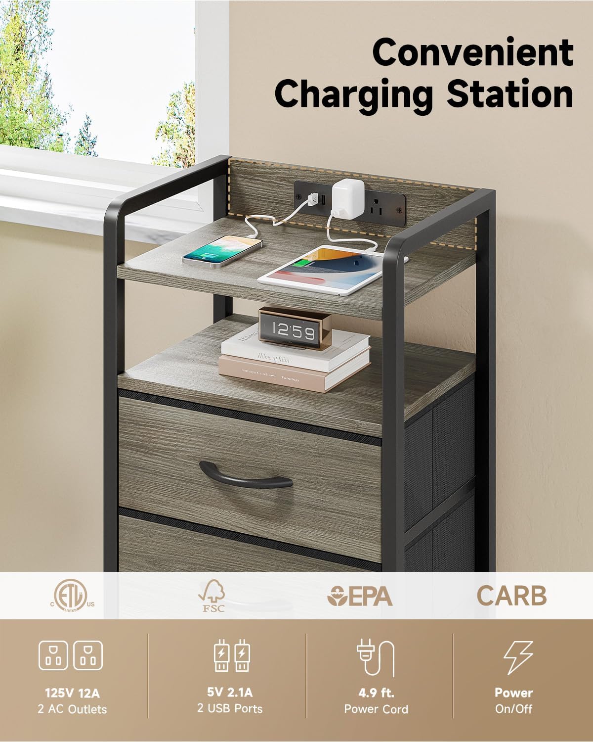 Night Stand Bedside Charger Bedroom - Grey Nightstand with Charging Station & LED Light Strip, Morden End Table with USB Ports & AC Outlets, Night Stand with Storage Shelf & 2 Fabric Drawers