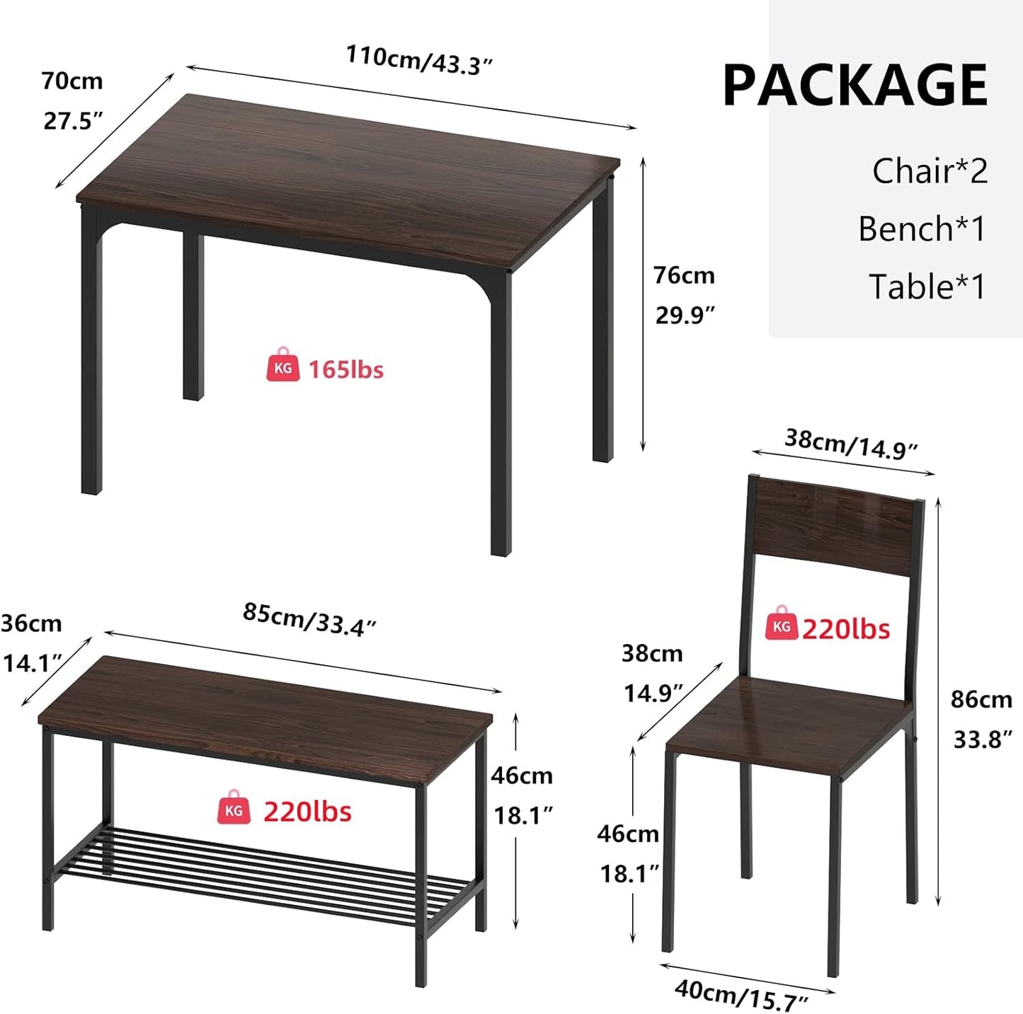 SogesHome Kitchen Table Set for 4, Compact Dining Table Chair Set with Bench, 4 Piece with Built-in Storage Racks, Metal Frame, for Apartment, Restaurant, Dark Brown