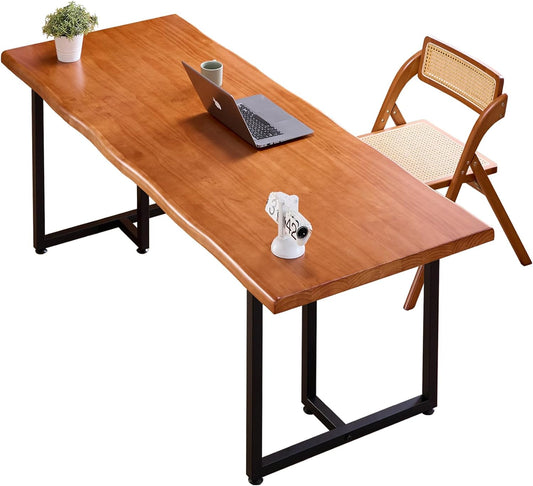Solid Wood Administrative Desk, Dining Table with Durable Metal Legs, Uniquely Designed Leisure Table, Perfect for Restaurants and Home Offices, (Wood Brown, 78.74in)