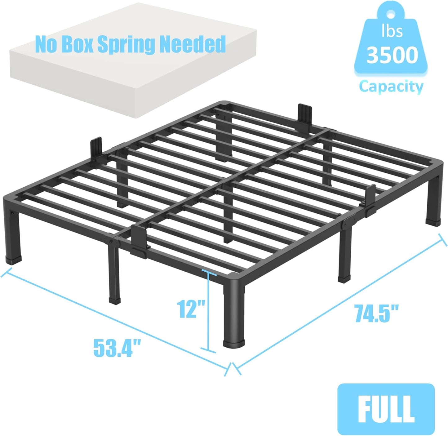 FUIOBYVV 12 Inch Full Bed Frame with Round Corner Edge Legs 3500 lbs Metal Heavy Duty Steel Slats Support No Box Spring Needed Platform Noise Free Easy Assembly