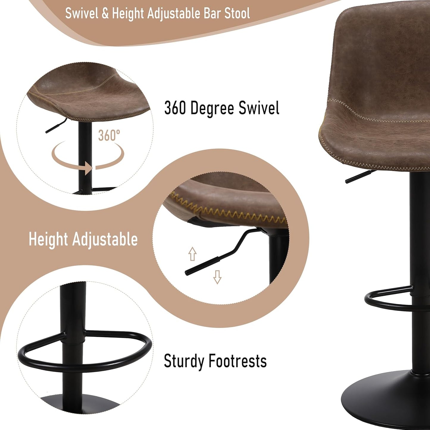 Bar Stools, Swivel Counter Height Barstools with Back, Adjustable Modern Bar Chairs, Tall Armless PU Leather Kitchen Island Stool (Brown, Set of 3)
