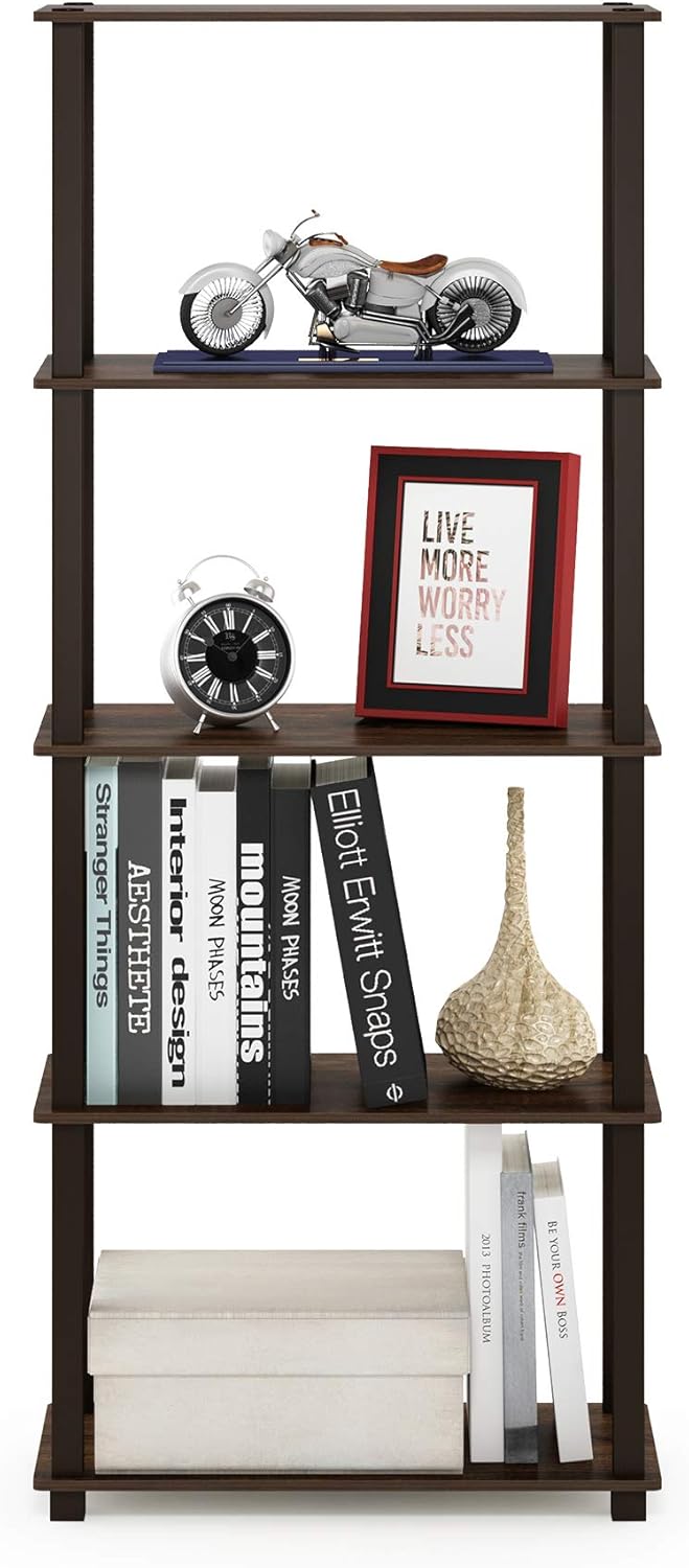 Furinno Turn-N-Tube 5-Tier Multipurpose Shelf / Display Rack / Storage Shelf / Bookshelf, Square Tubes, Walnut/Brown