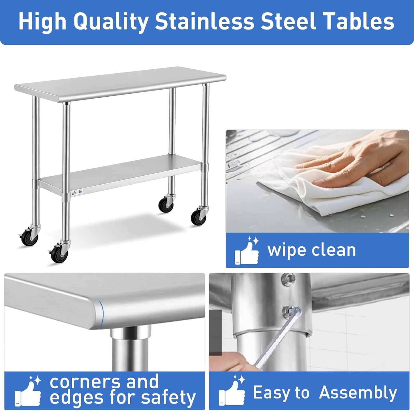 ROCKPOINT Stainless Steel Table for Prep & Work with Caster Wheels 30x30 Inches, NSF Commercial Heavy Duty Table with Undershelf and Legs for Restaurant, Home and Hotel
