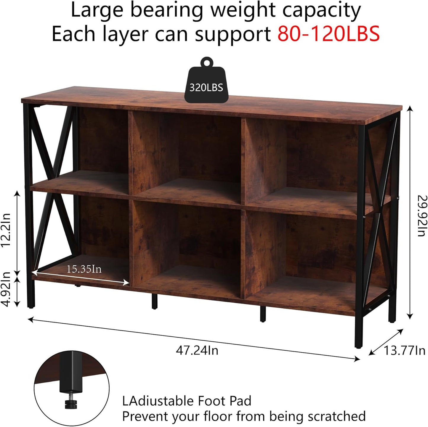 Horizontal Bookshelf Bookcase,Cube Storage Organizer Shelf,Industrial Wide Bookcase with Storage,Low Short Wide Cubby Shelves,Rustic Farmhouse Shelf for Office Bedroom Living Room,47 in(Brown,6 Cube)